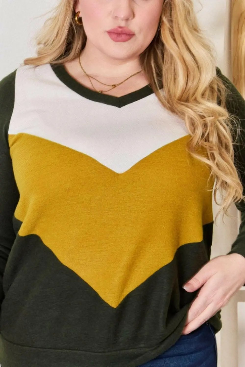 Plus Size Colorblock Blouse Olive | Trendsi Versatile
