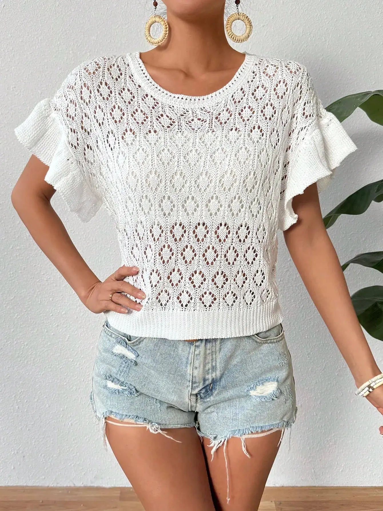 Ruffled Openwork Knit Short Sleeve Top – Sheer Lightweight Layer
