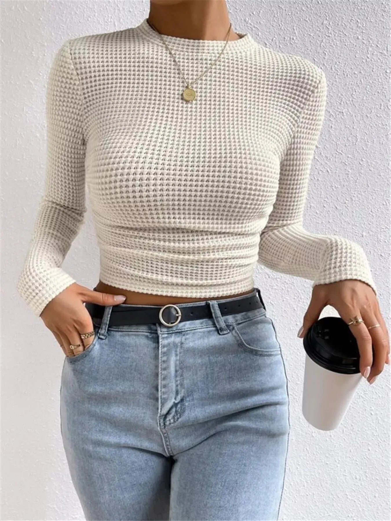 Waffle Knit Long Sleeve T Shirt