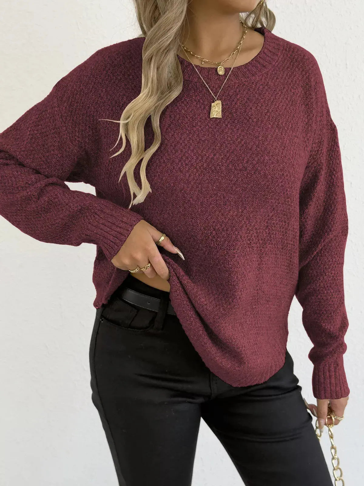 Round Neck Textured Knit Relaxed Fit Sweater
