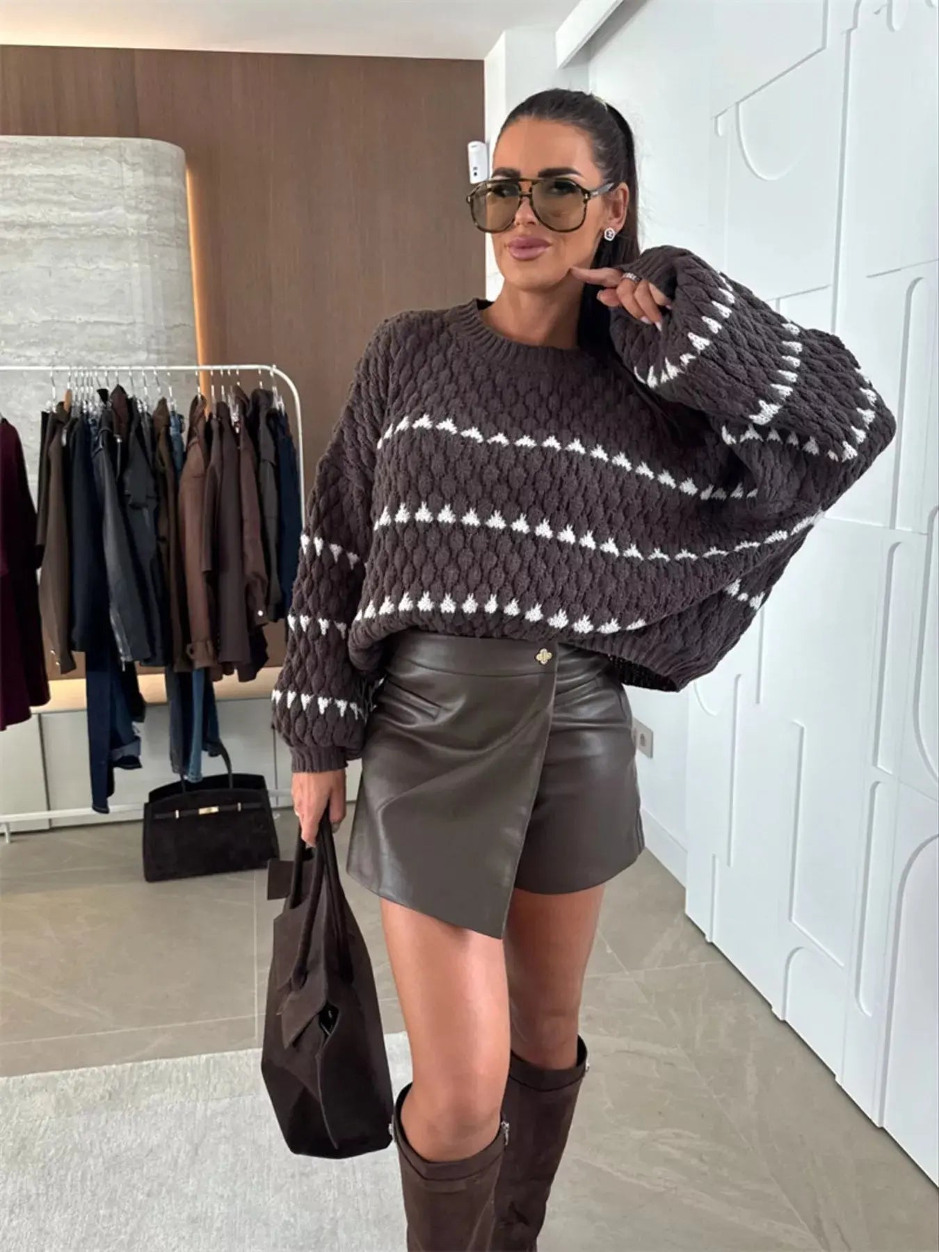 Striped Chunky Knit Sweater with Balloon Sleeves