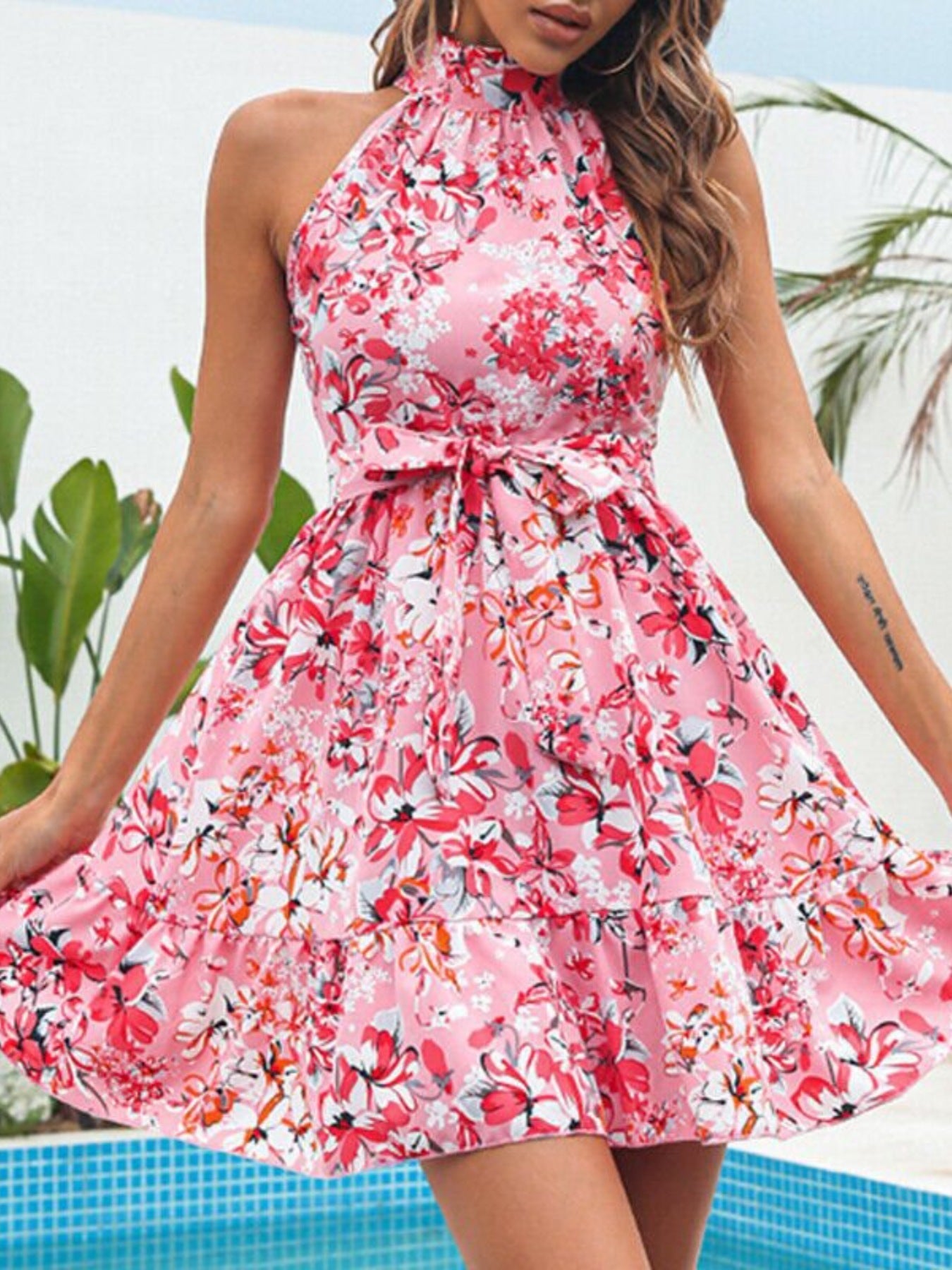 Floral Tie Waist Halter Neck Ruffle Mini Dress