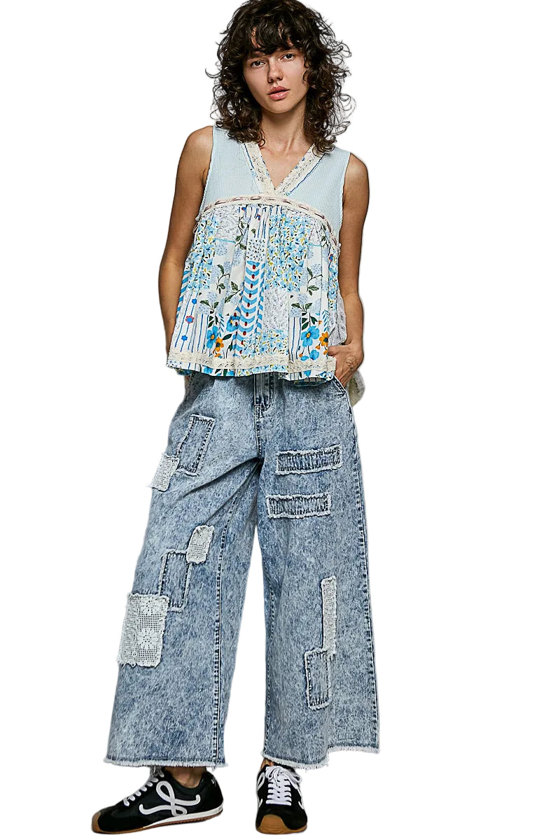 POL Light Blue Floral V-Neck Sheer Tank with Lace Trim