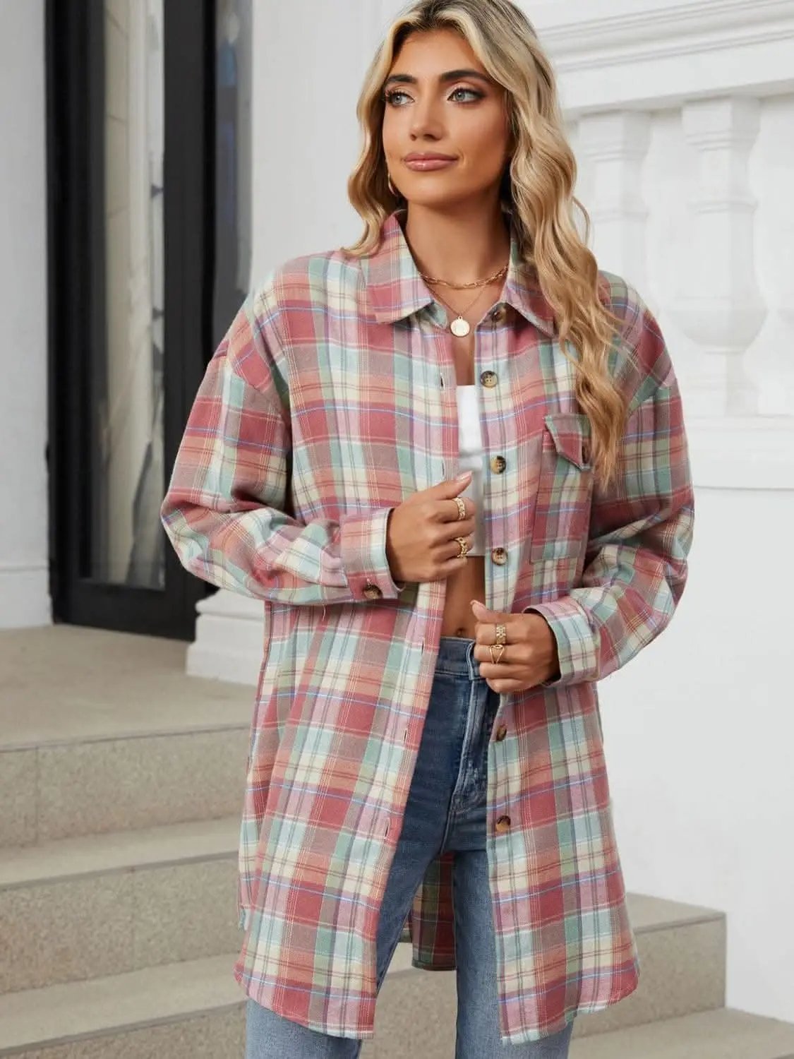 Trendsi Plaid Collared Shirt Long Sleeve — Casual Dusty Pink