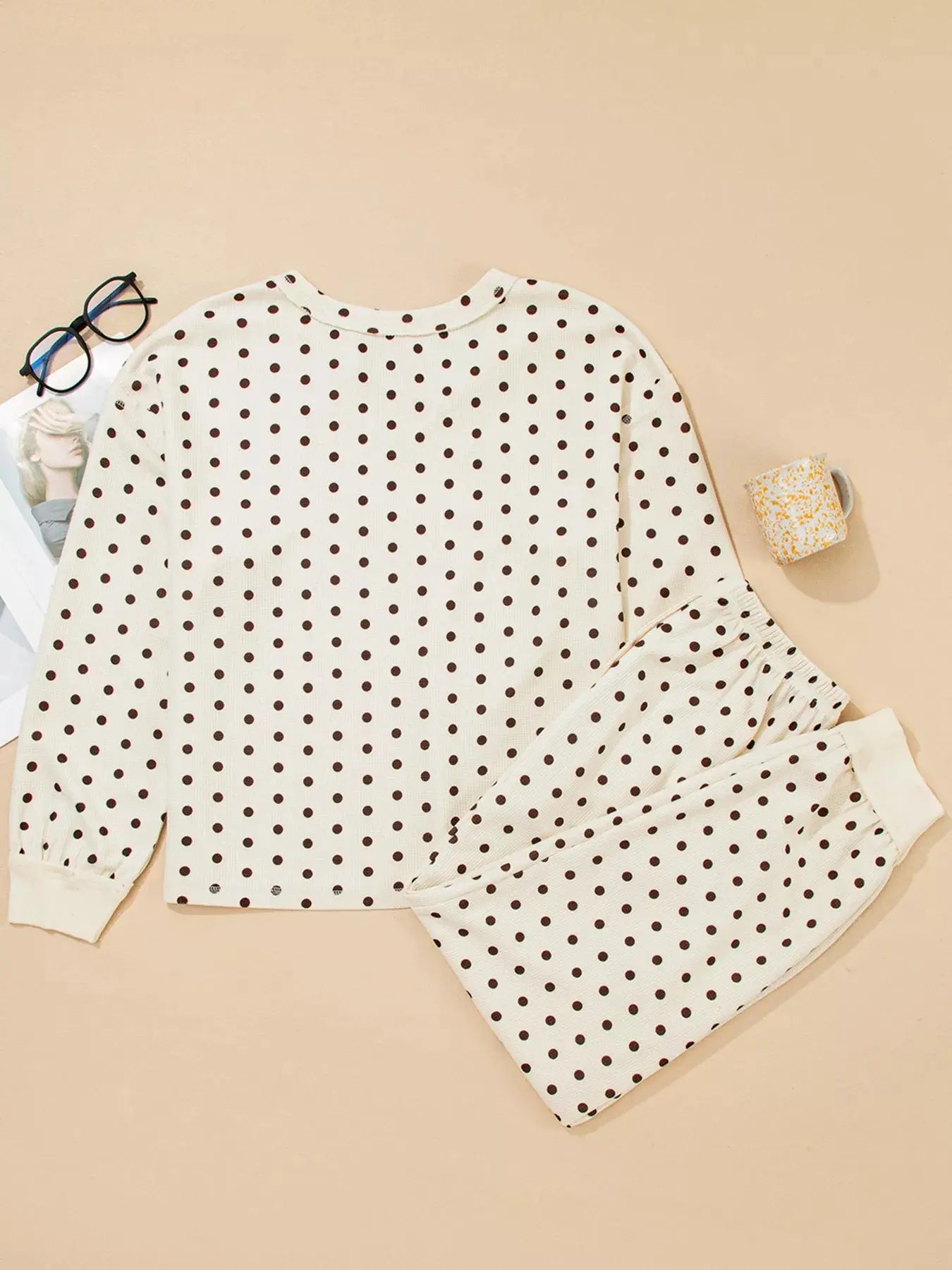 Polka Dot Notched Long Sleeve Top and Drawstring Loungewear Set
