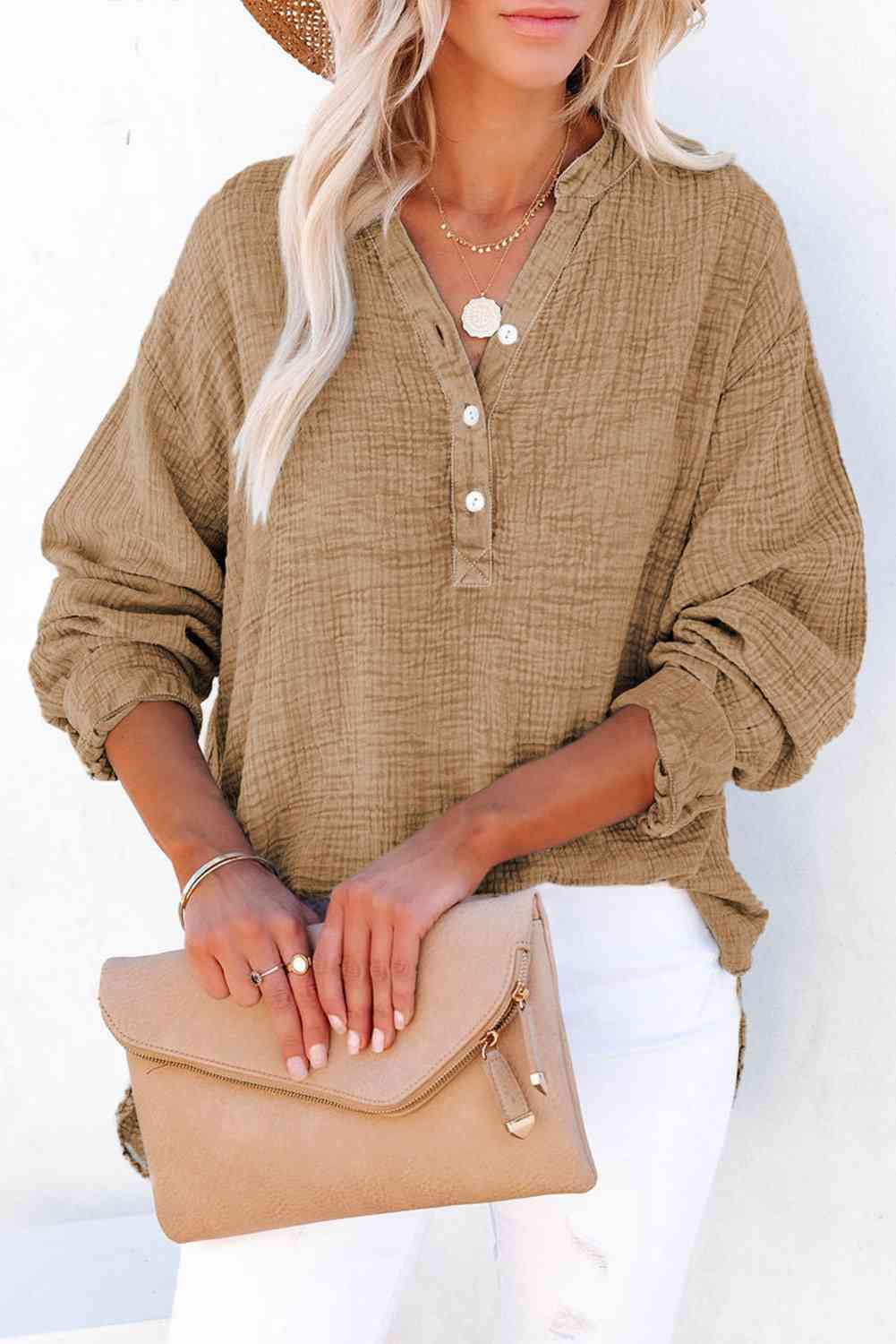 Women's Textured Cotton Buttoned Long Sleeve Blouse