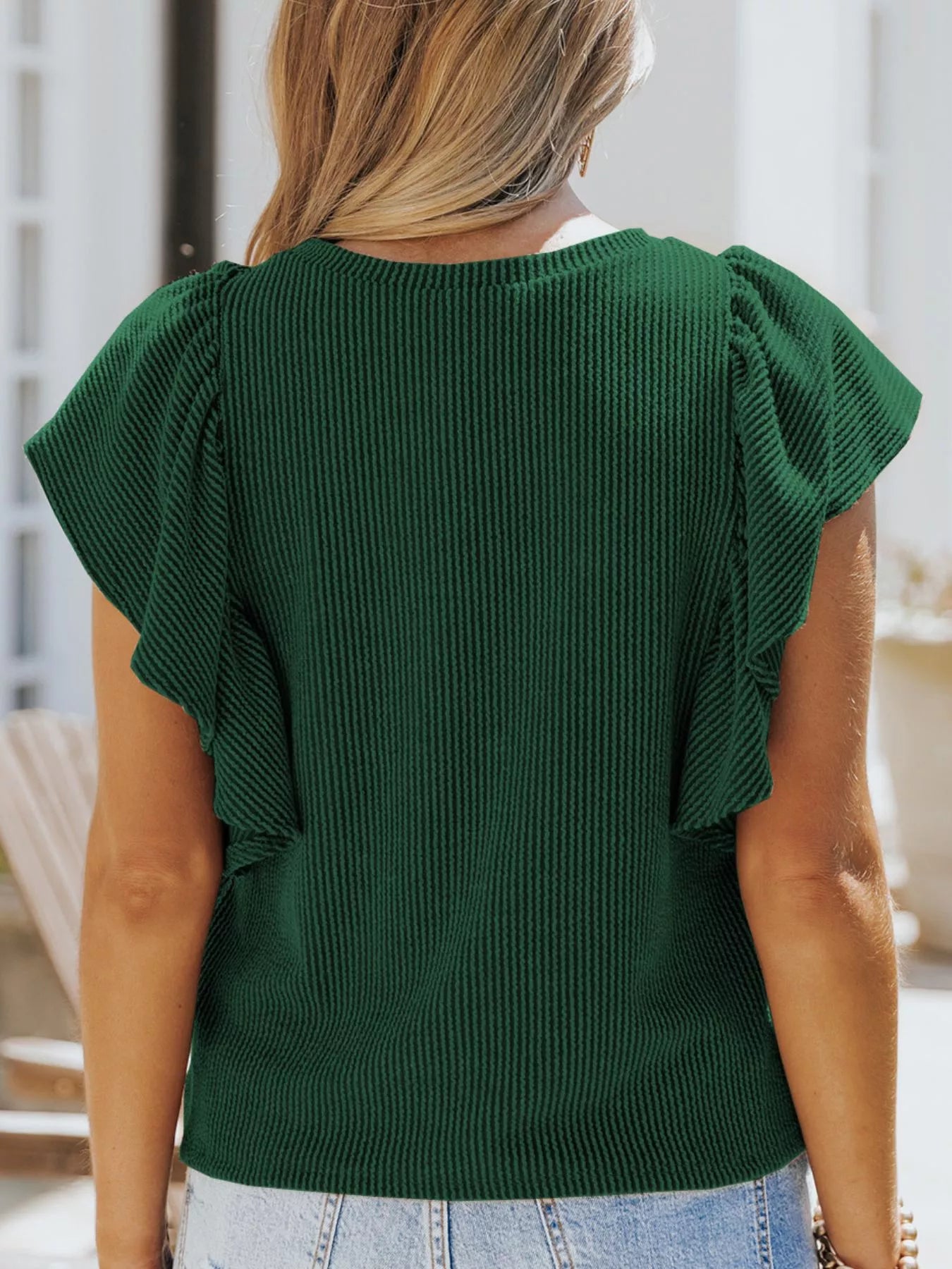 Full Size Ruffled Sleeve Ribbed Knit T Shirt