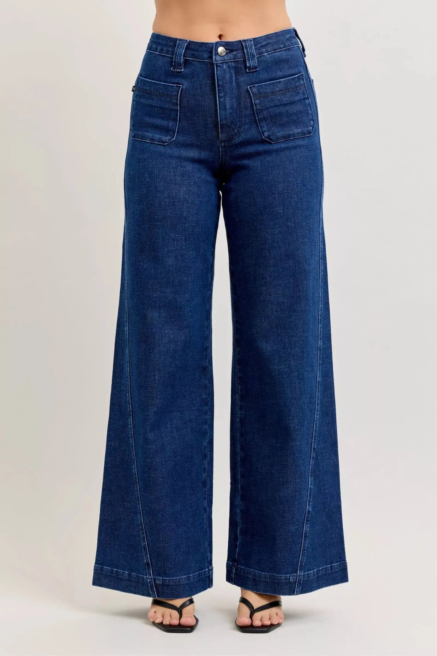Judy Blue High-Waisted Retro Wide Jeans with Patch Pockets & Twisted Seams