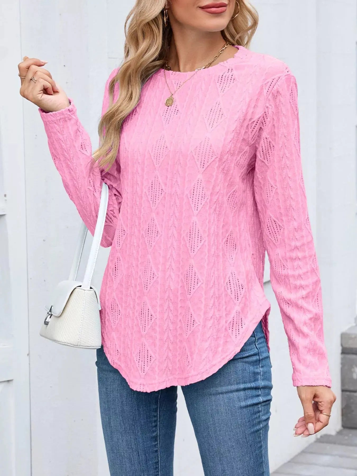 Openwork Textured Long Sleeve Top