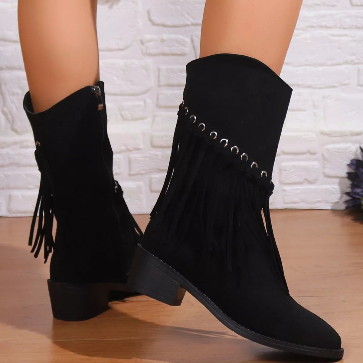 Fringe Western Block Heel Boots