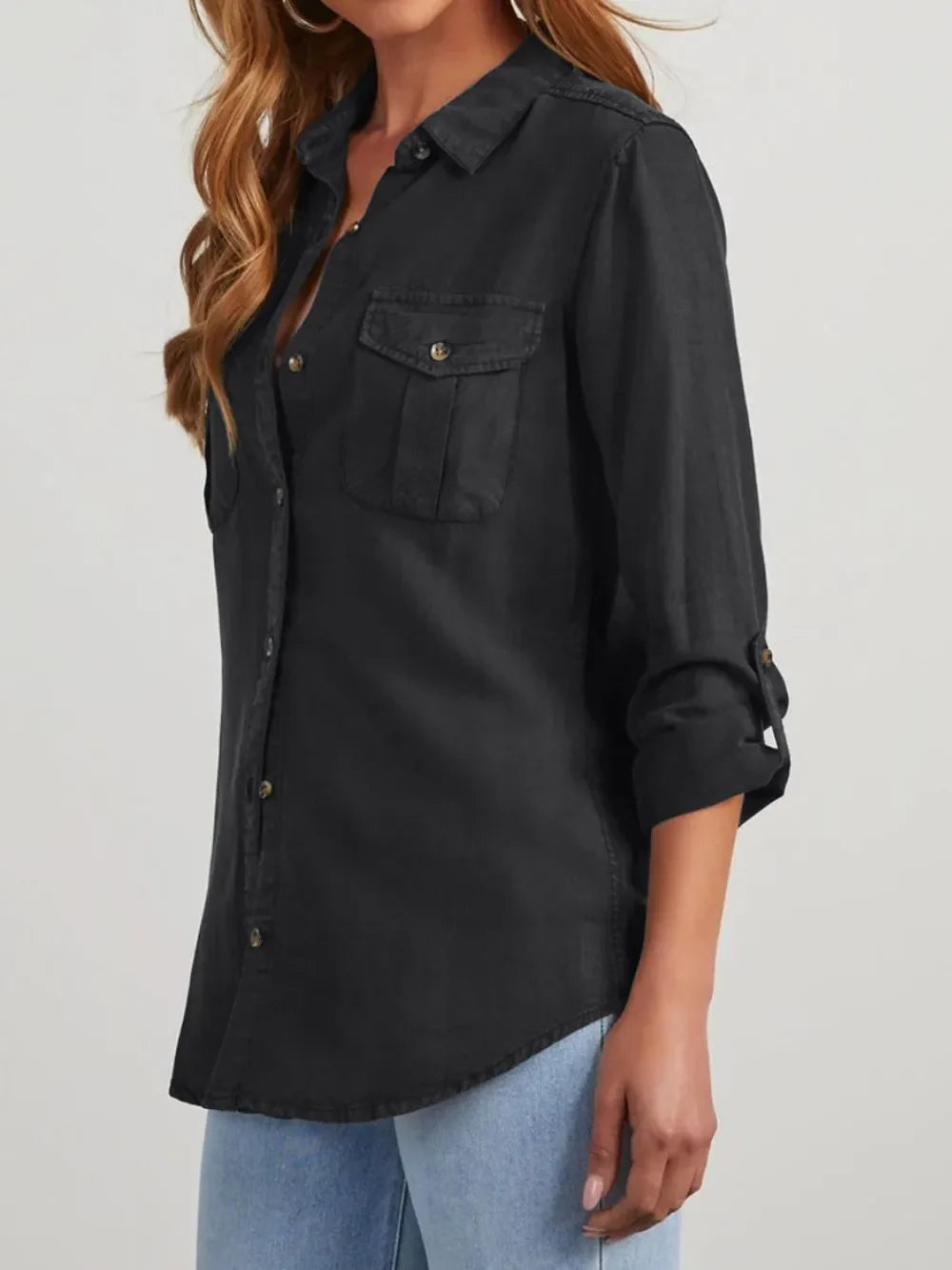 Collared Neck Roll-Tab Sleeve Womens Denim Shirt