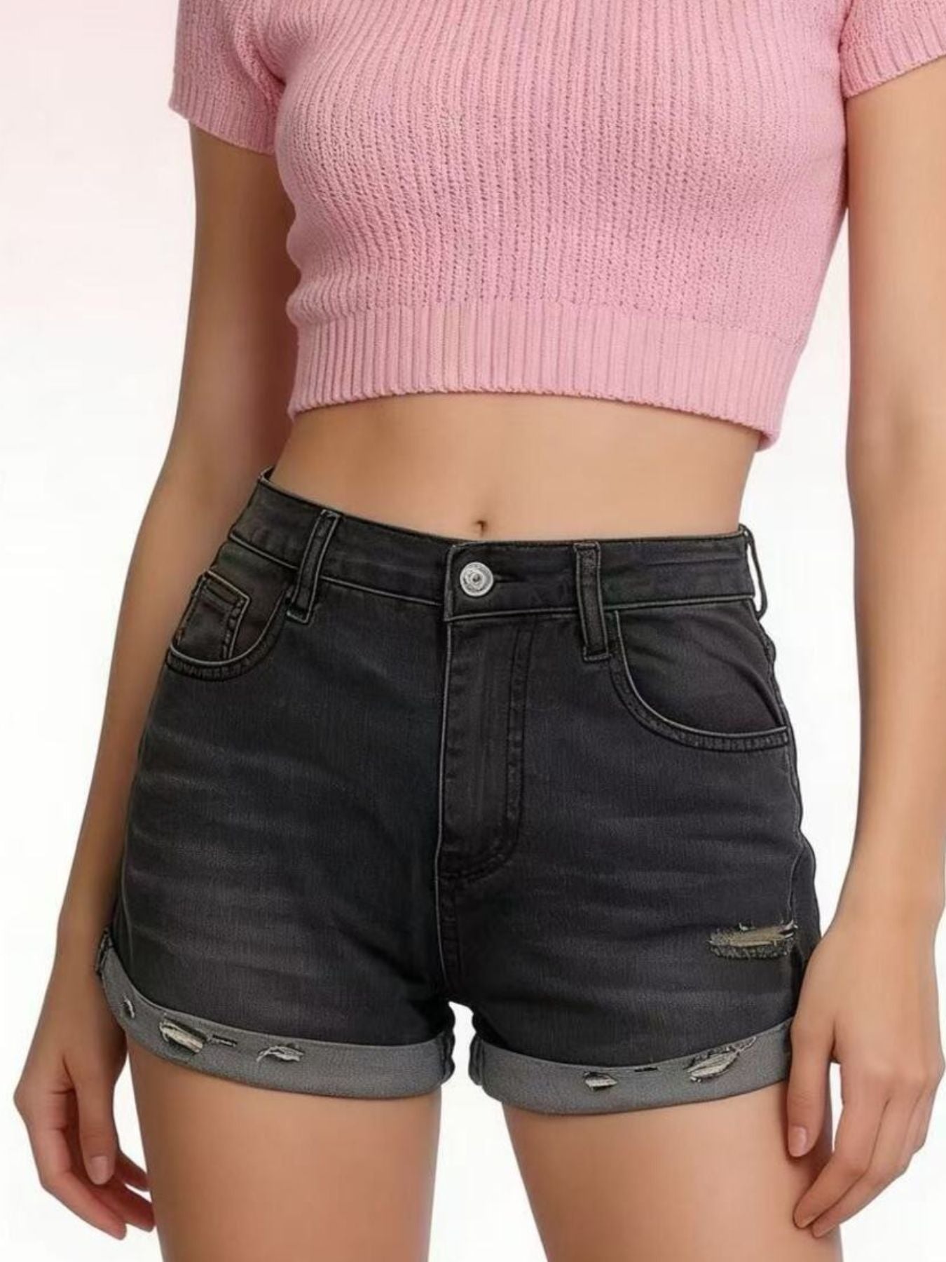 Distressed Denim Roll Up Shorts
