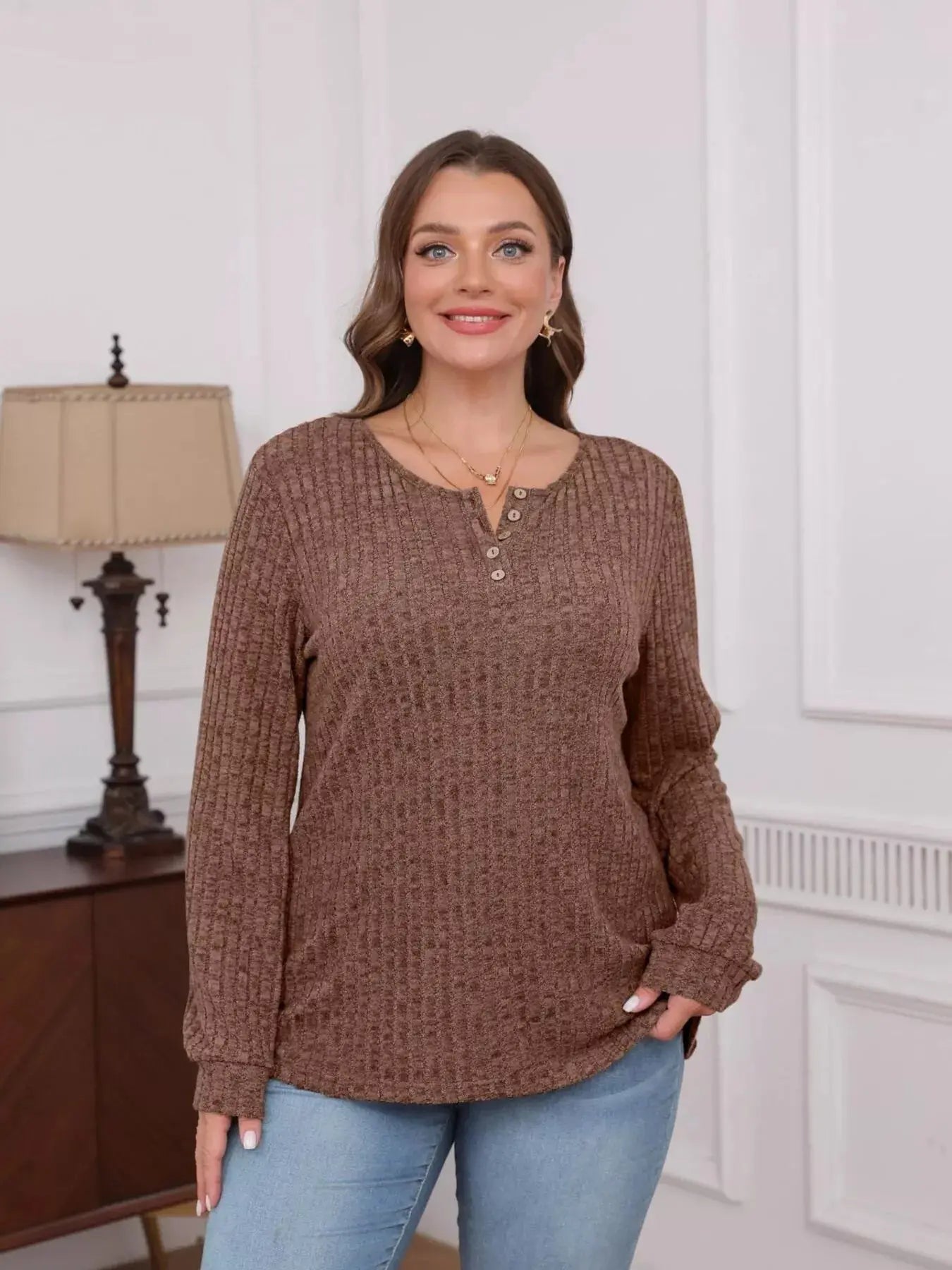 Ribbed Knit Button Front Long Sleeve T Shirt