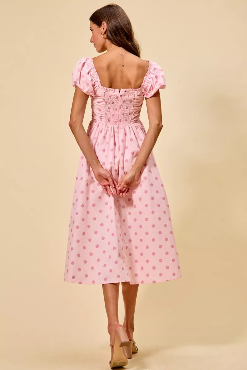 Polka Cotton Print Short Sleeves Pink Midi Dress