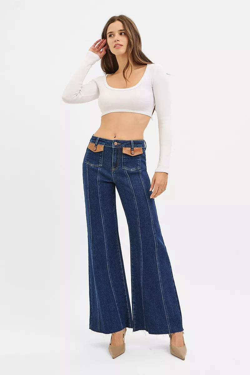 RISEN Jeans - High Rise Wide Flare Jeans with Front Leather Pocket Detail