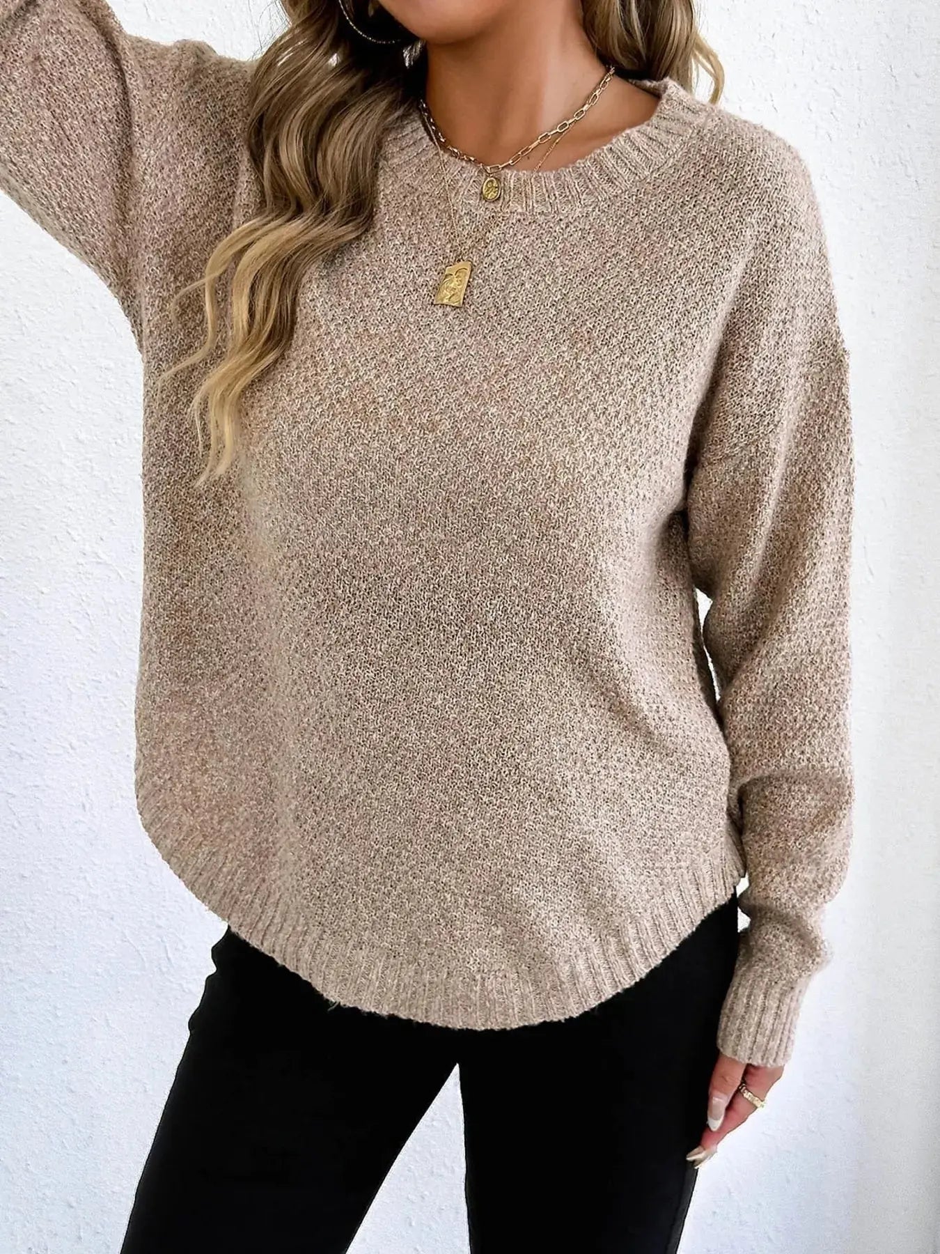 Round Neck Textured Knit Relaxed Fit Sweater