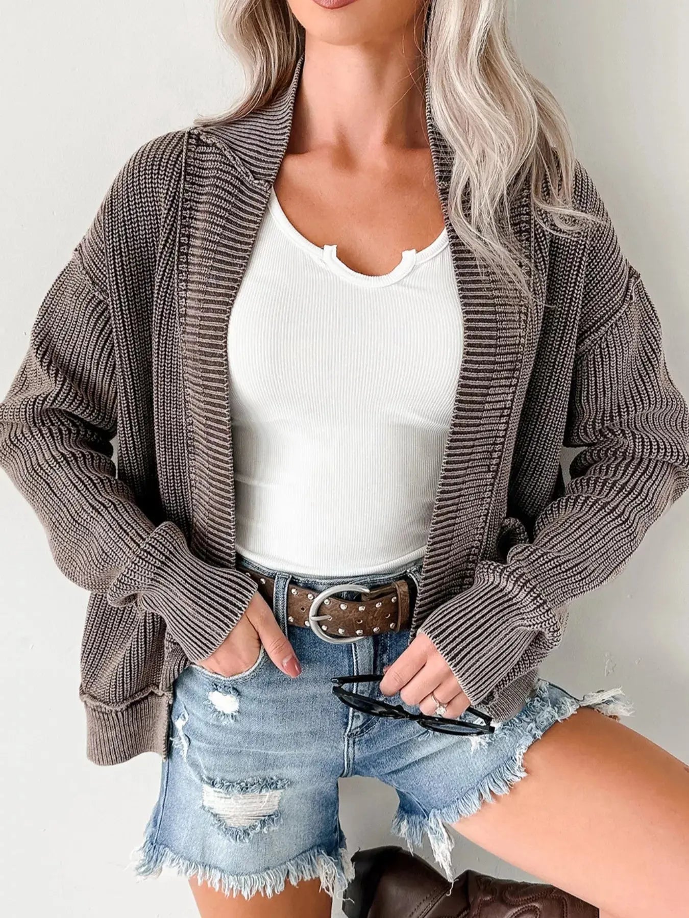Mineral Wash Exposed Seam Patchwork Open Knit Cardigan