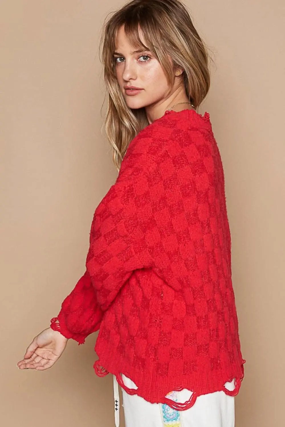Sweaters Trendsi Checkered Sweater Women's Distressed Knit Top USA Shipped