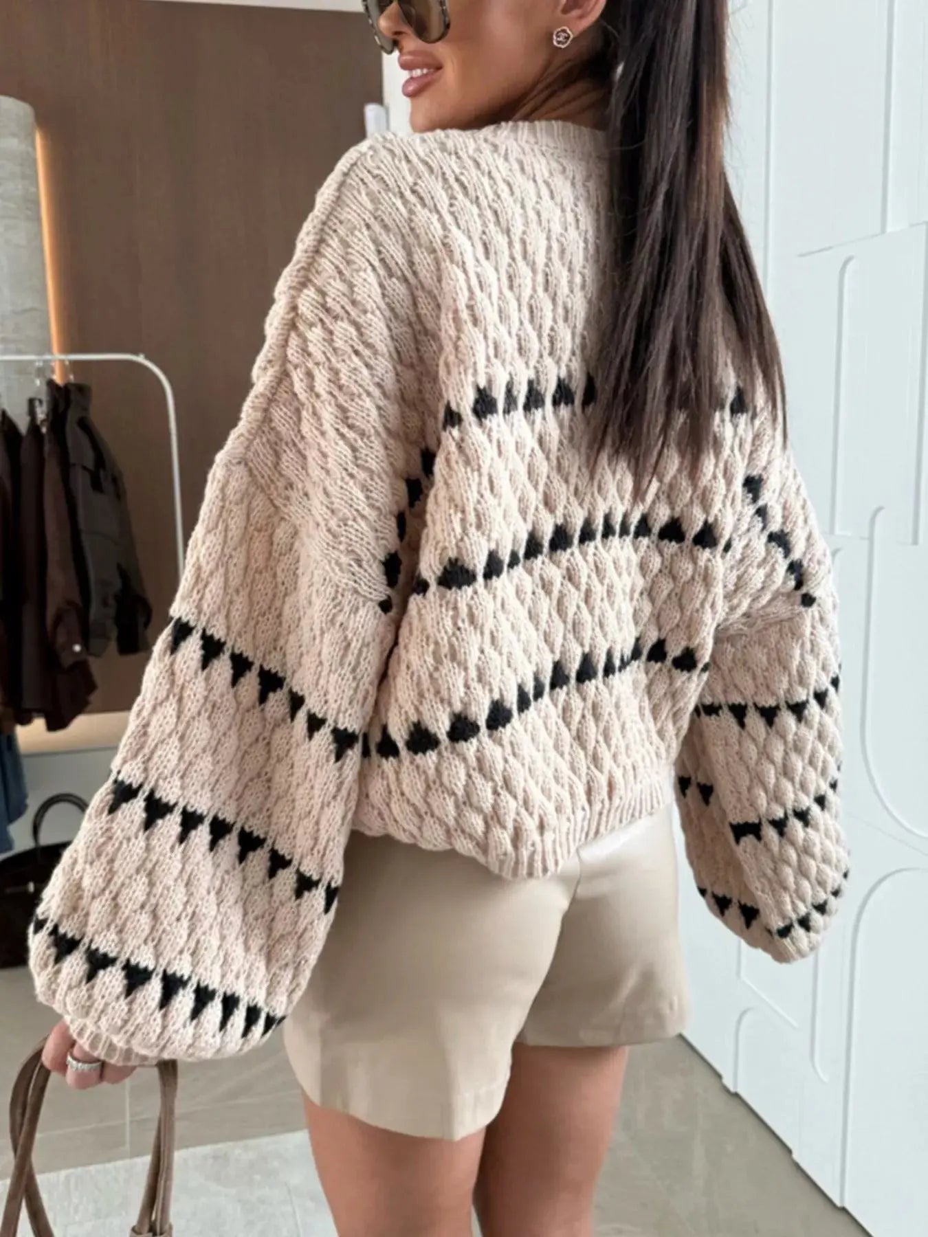 Striped Chunky Knit Sweater with Balloon Sleeves