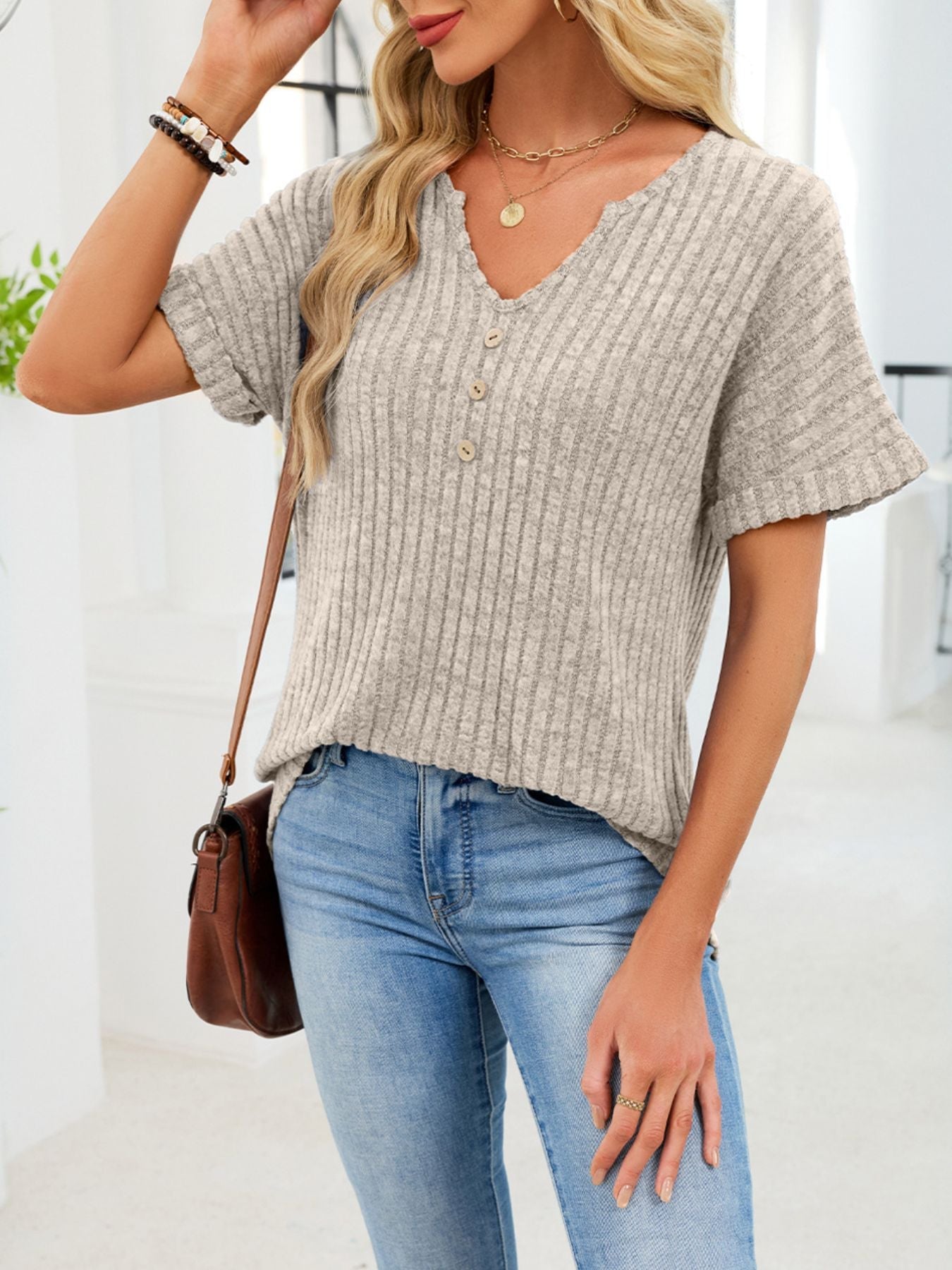 Women's Ribbed Knit Button V Neck Short Sleeve T Shirt