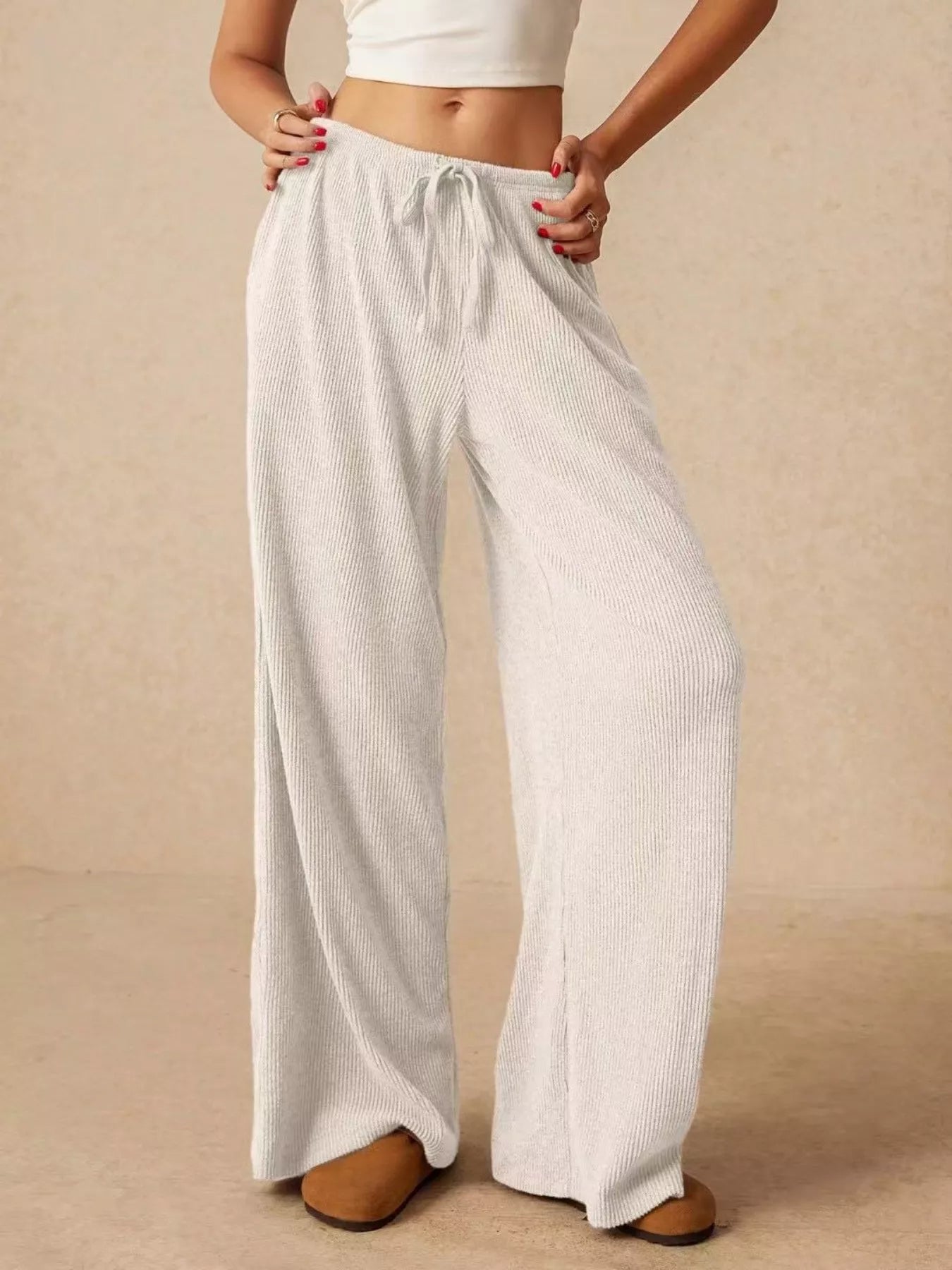 Ribbed Drawstring Wide Leg Pants