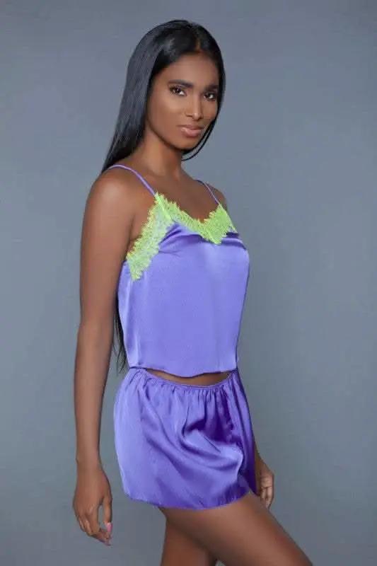 Lingerie Set - Satin Purple/Neon Yellow - Callie