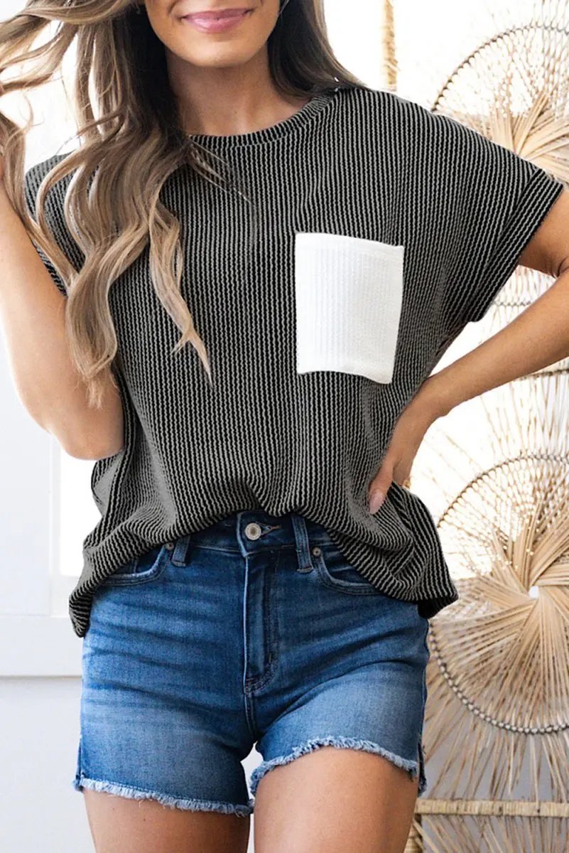 T-Shirts Love Salve Grey Knit Colorblock Daily Wear T-Shirt Casual, Pocketed