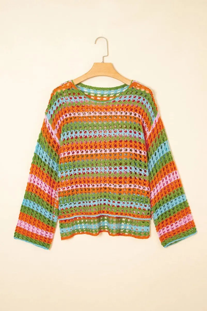 Sweaters Love Salve Carrot Stripe Women's Beach, Vacation + Crochet Knit Cover Up + Lightweight, Bohemian