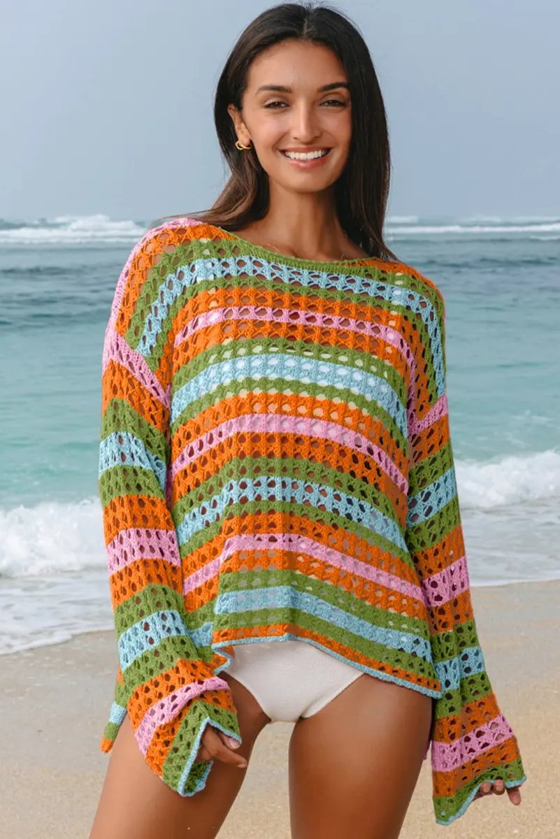 Sweaters Love Salve Carrot Stripe Women's Beach, Vacation + Crochet Knit Cover Up + Lightweight, Bohemian