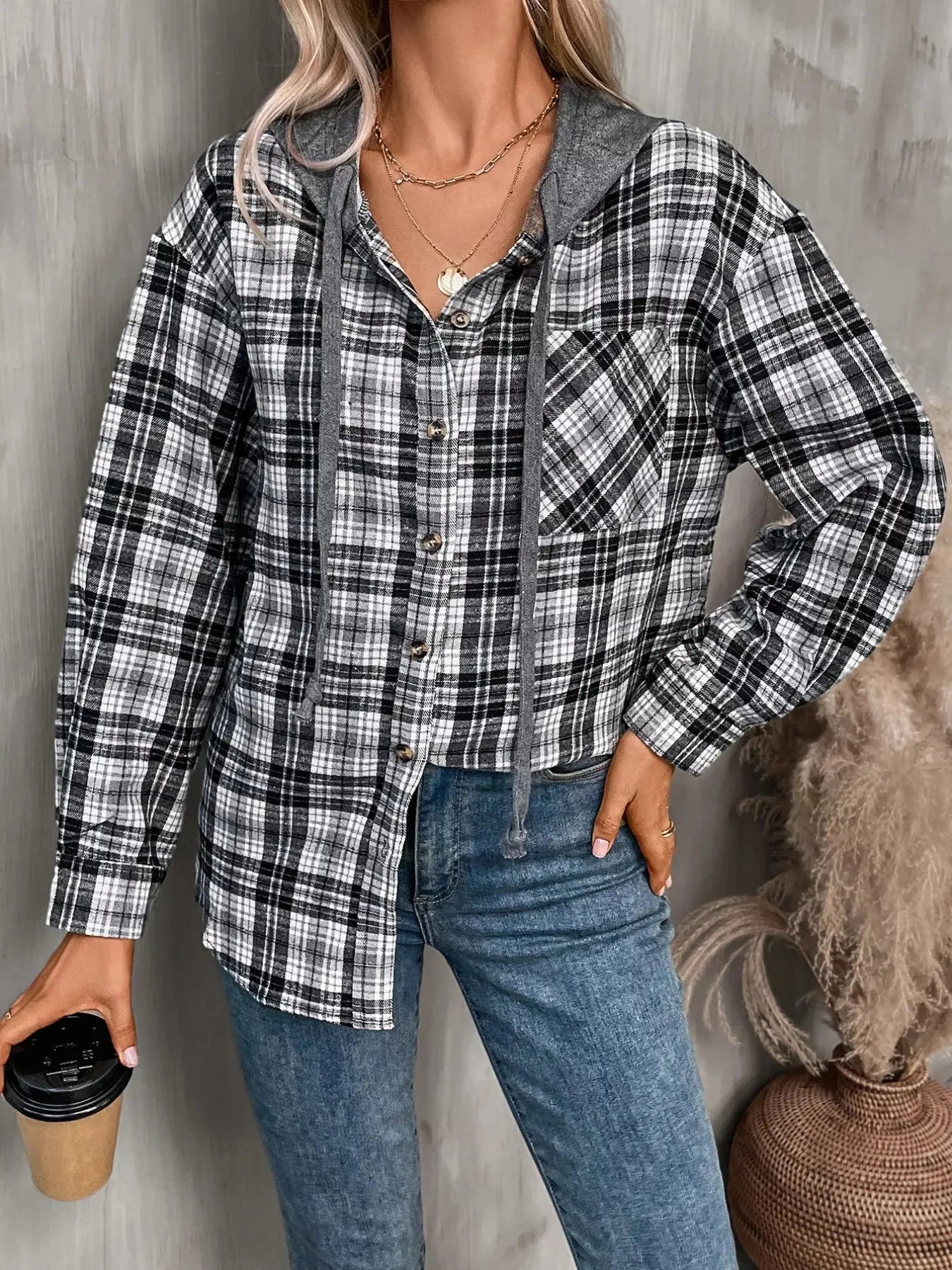 Plaid Button-Up Oversized Hooded Shirt with Chest Pocket