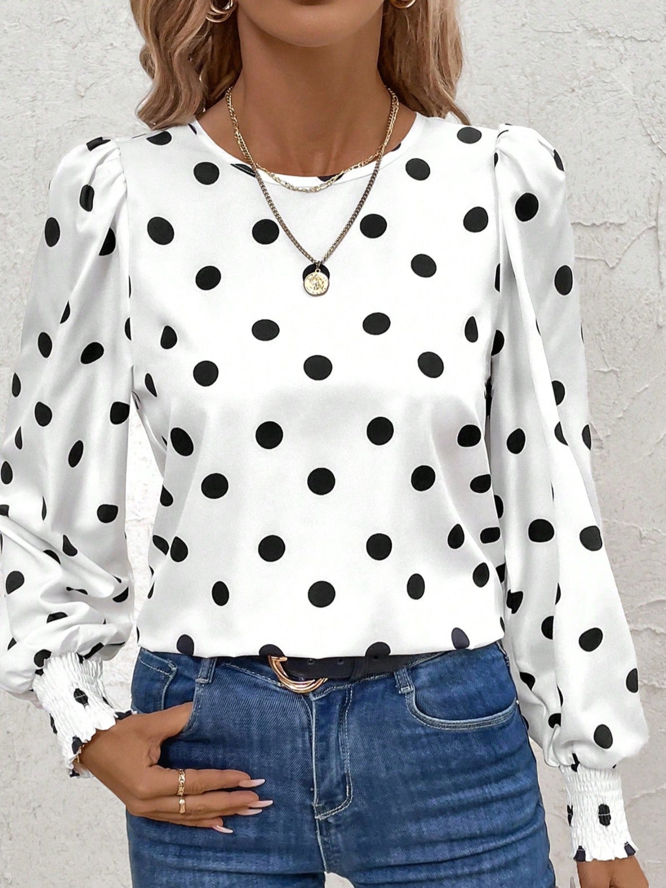 Women's White Polka Dot Long Sleeve Blouse