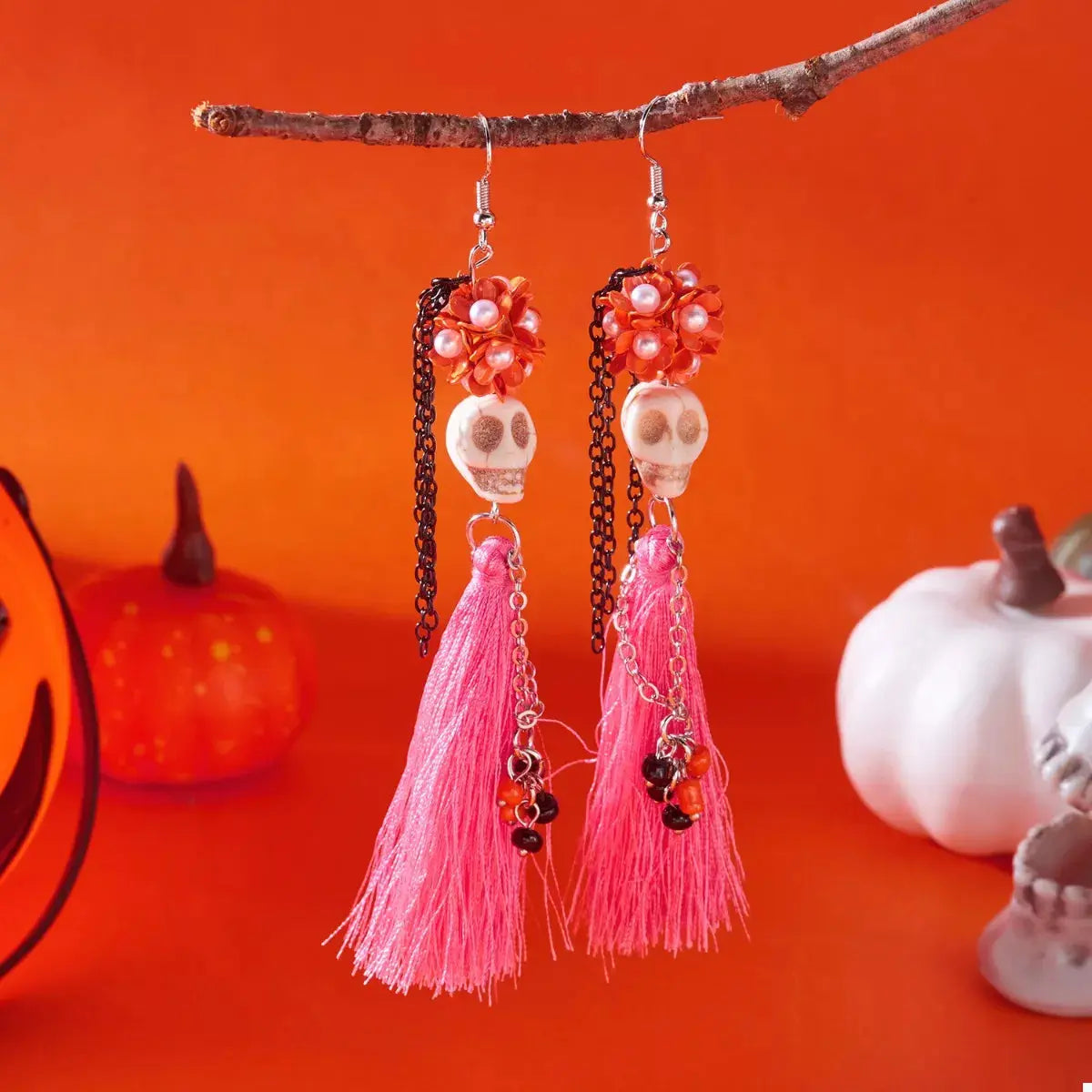 Sugar Skull Tassel Halloween Drop Earrings