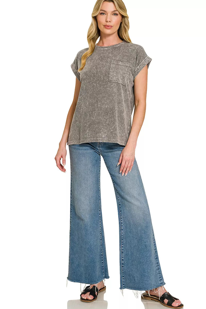 Zenana Halo Snow Washed Cuffed Short Sleeve Shirt