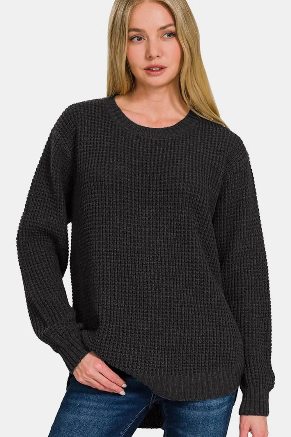 Trendsi Waffle Knit High Low Sweater | Black