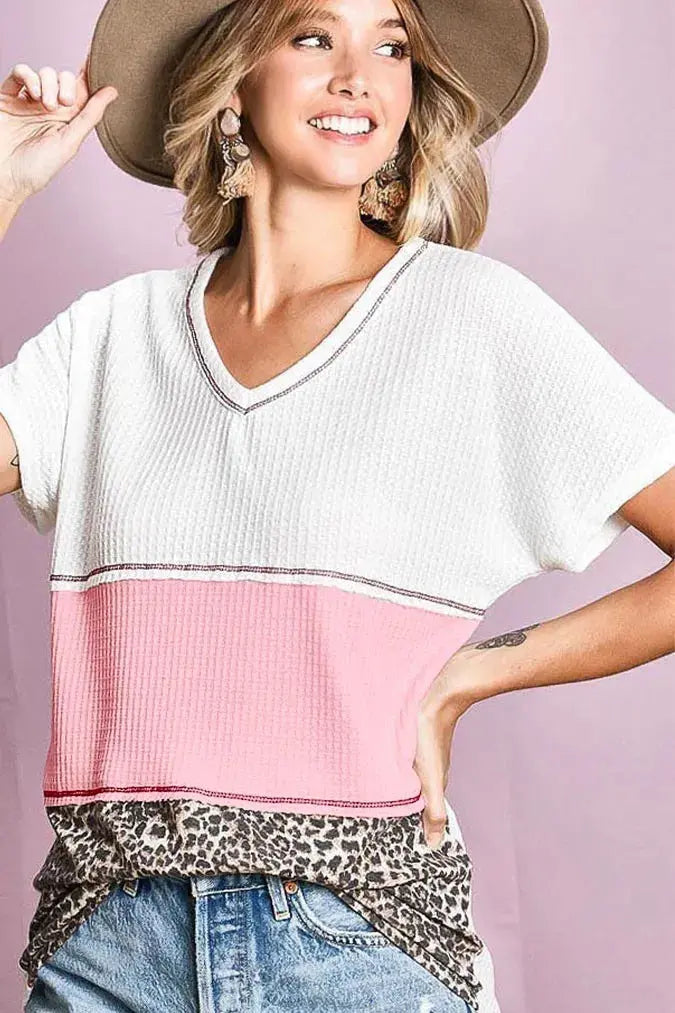 Women's Casual Top Women's Top - Color Block Waffle Knit - Soft & Relaxed