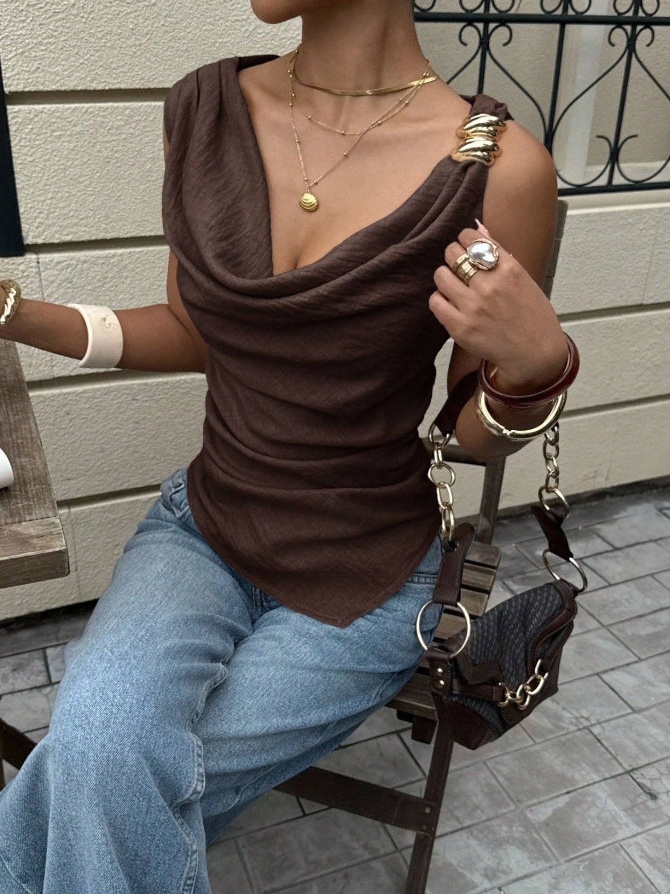 Chocolate Asymmetrical Cowl Neck Tank Top
