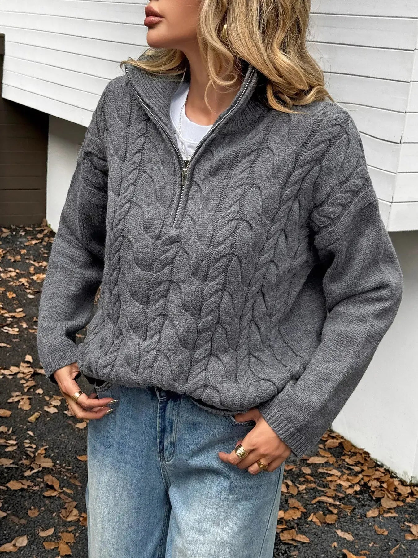 Zip Collar Cable Knit Sweater