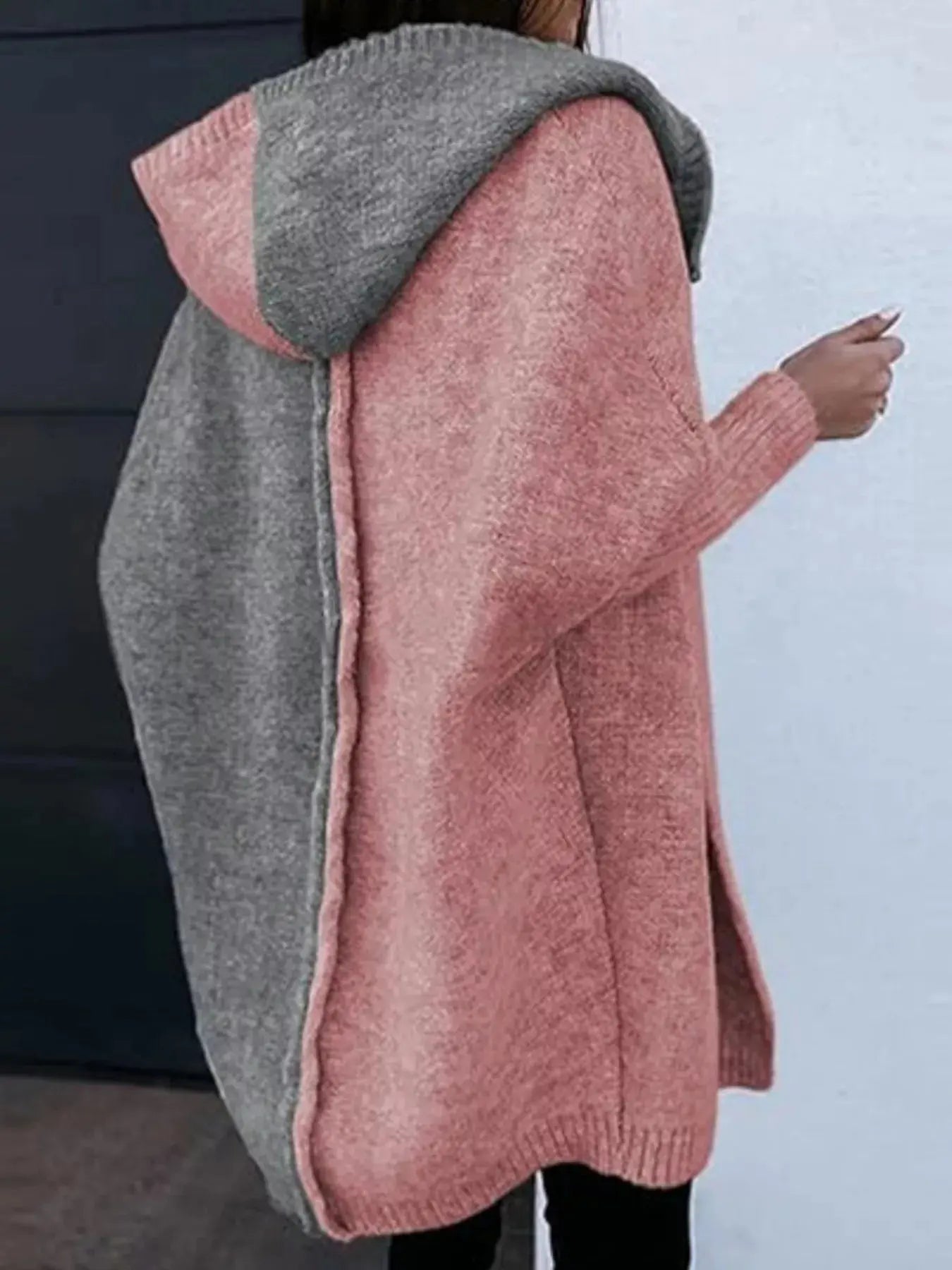 Two-Tone Hooded Open Front Knit Cardigan