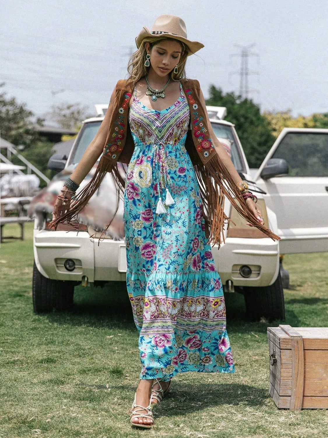Boho Tassel Floral Print Tiered Cami Dress