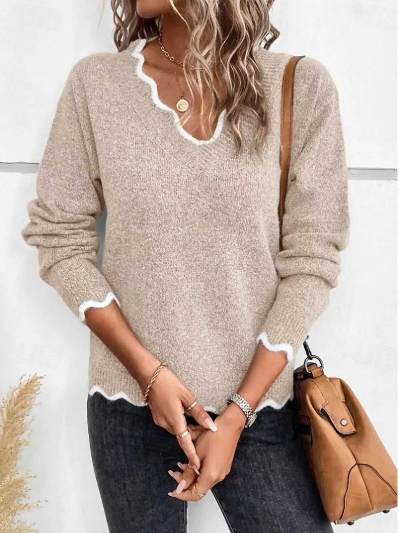 Scalloped Trim Plus Size V Neck Sweater