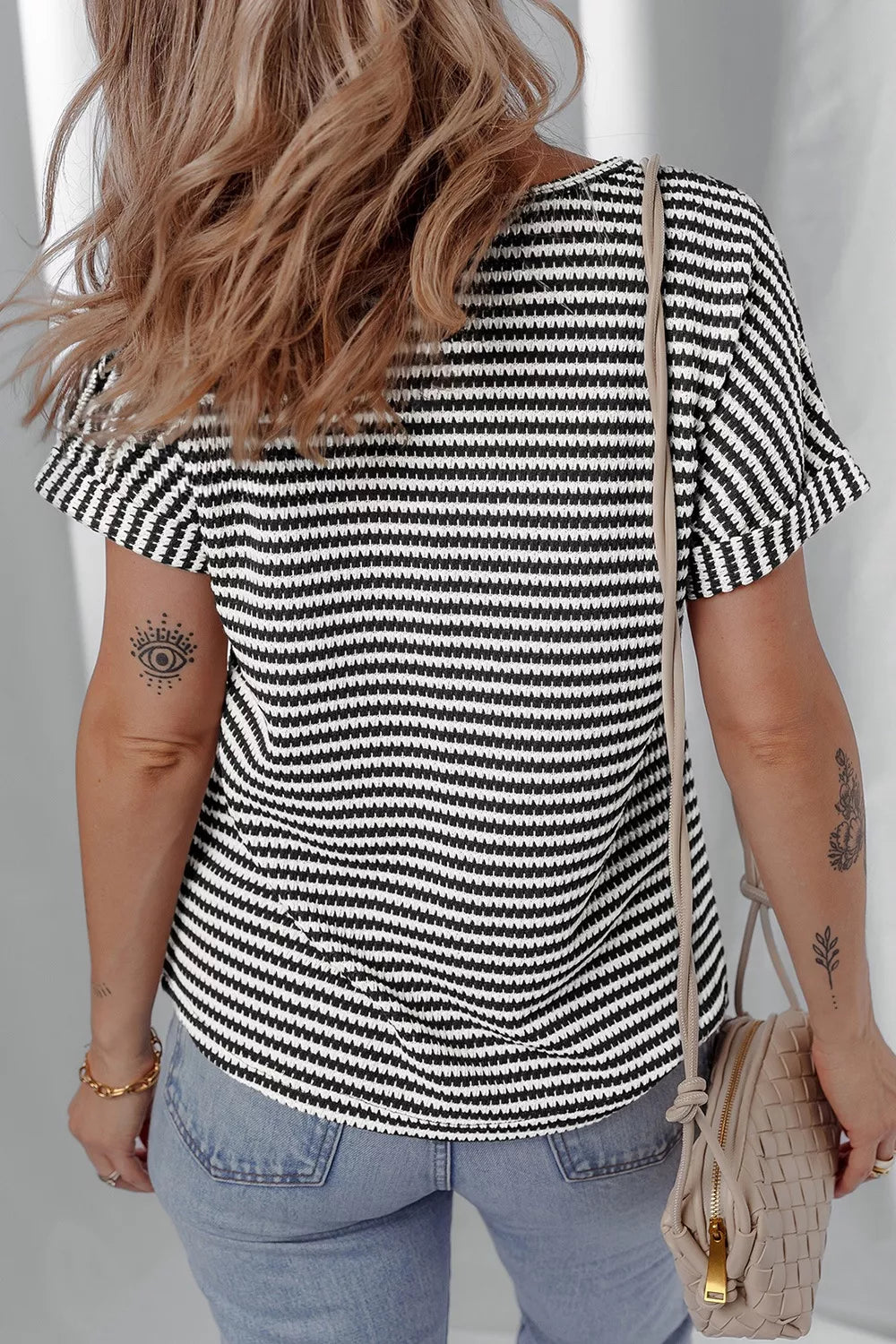 Stripe Textured Knit Notched Neck Cuffed Short Sleeve Shirt