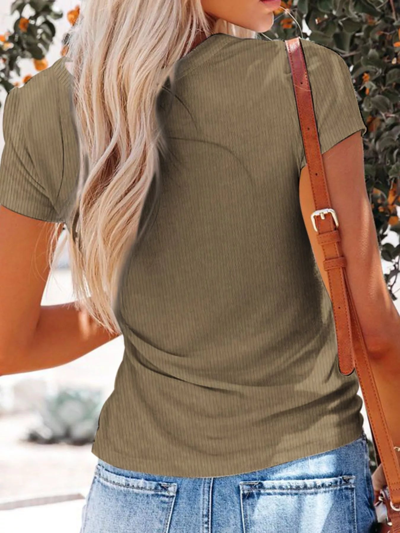 Full Size Casual Button Detail Womens V Neck T Shirt