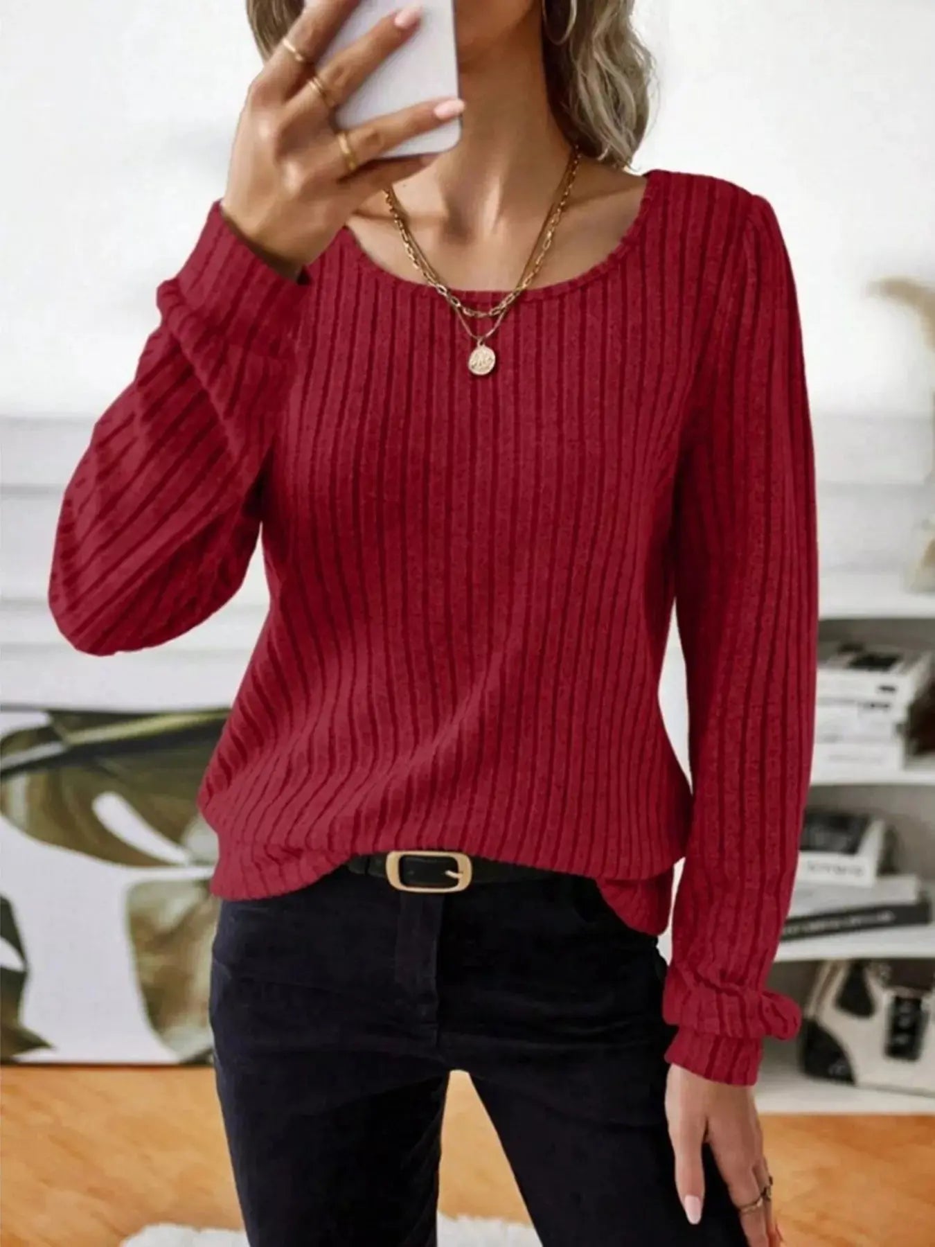 Ribbed Knit Long Sleeve T Shirt