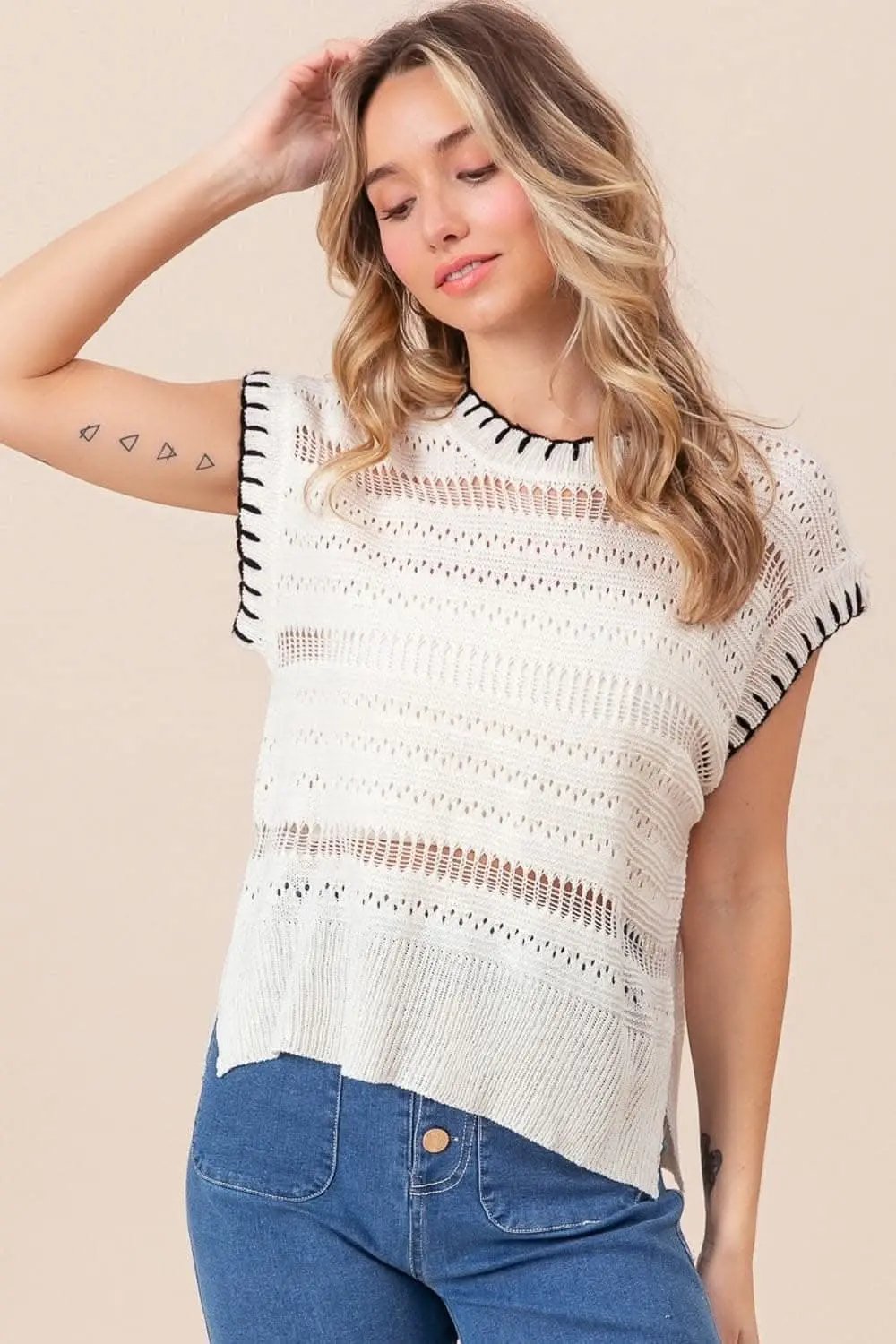 Trendsi Pointelle Knit Vest With Side Slits — Casual Layering