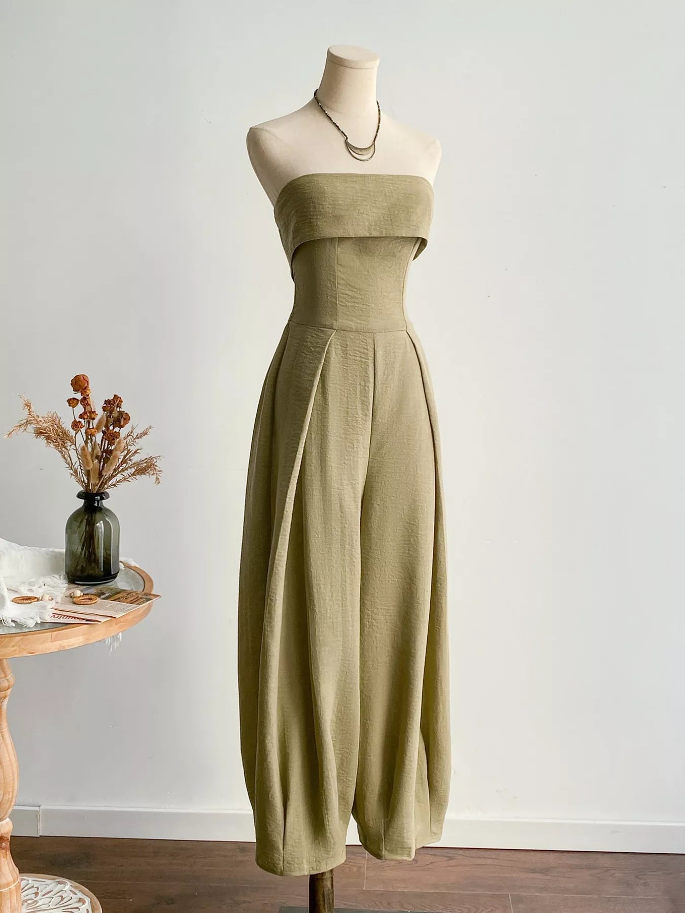 Khaki Wide Leg Tube Jumpsuit
