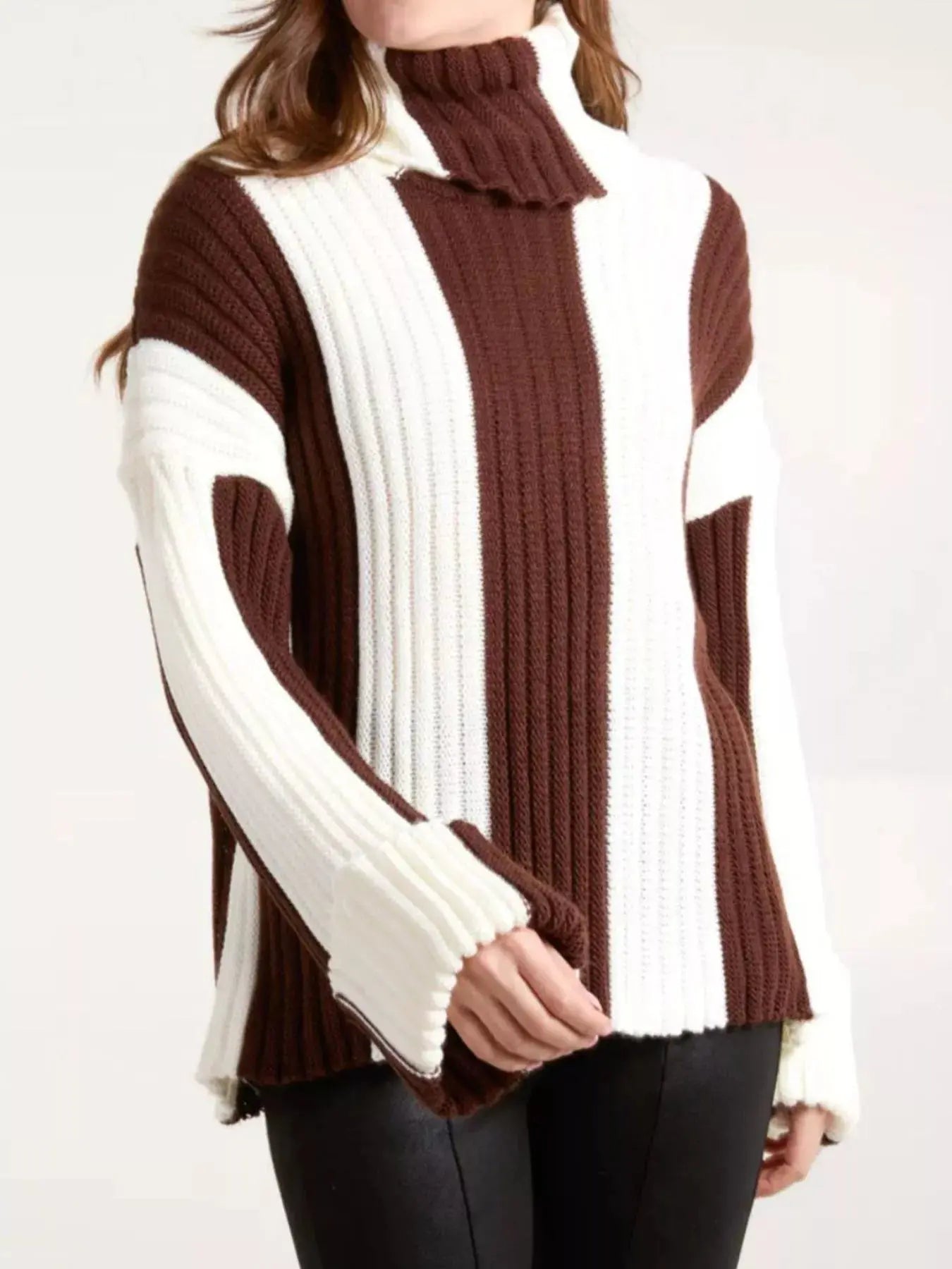 Color Block Ribbed Turtleneck Sweater