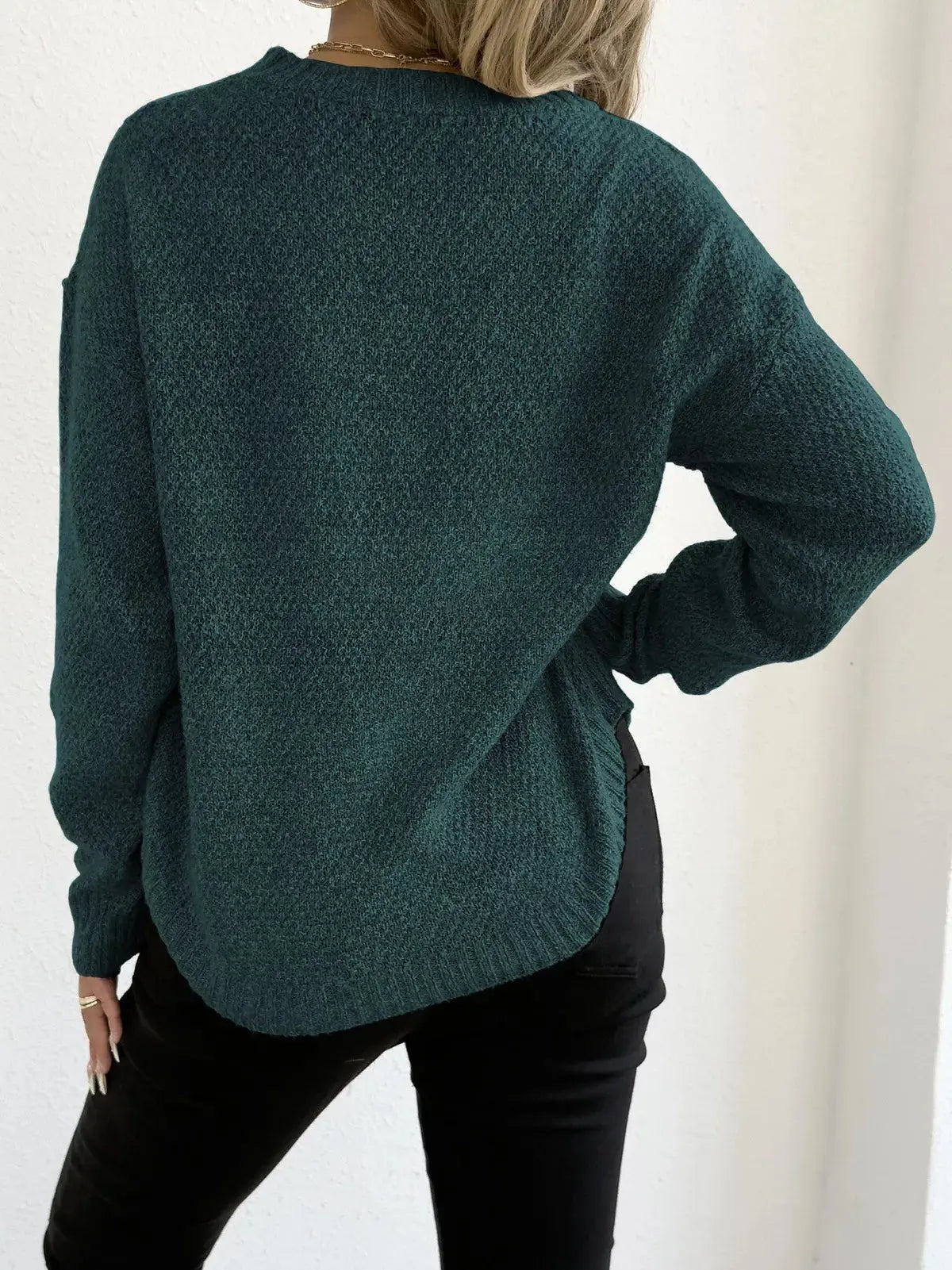 Round Neck Textured Knit Relaxed Fit Sweater