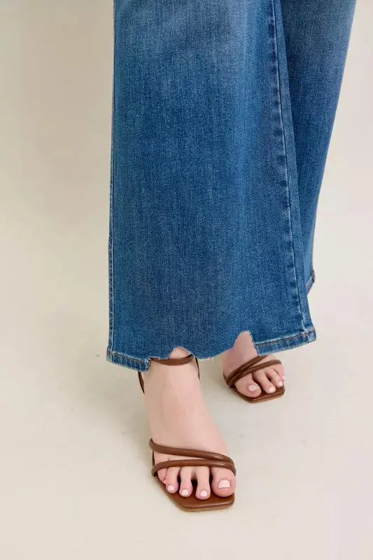 Judy Blue Full Size High Waist Tummy Control Destroy Wide Leg Jeans with Chew Hem