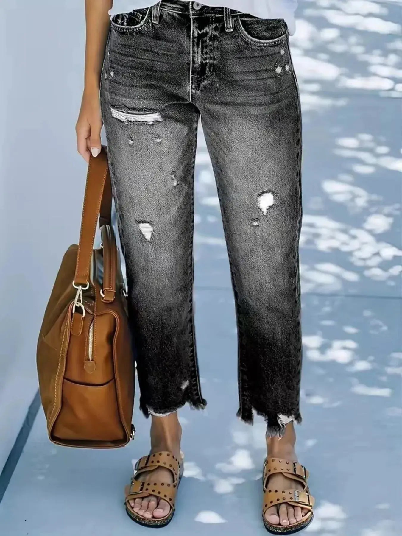Distressed Straight Leg Jeans with Raw Hems