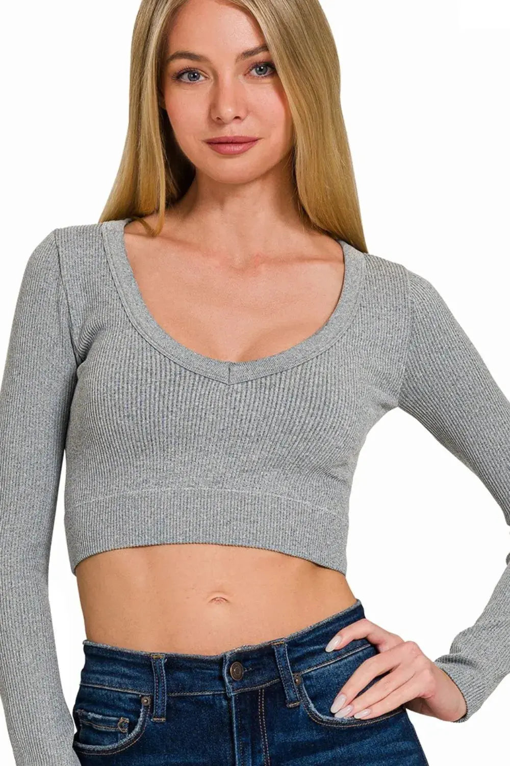 Trendsi Ribbed Crop Top V-Neck Long Sleeve | Fitted Tee